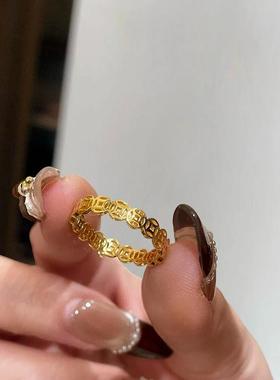 日本MUMI覆古国潮风18k金色不掉色钛钢镂空铜钱戒指转运招财食指