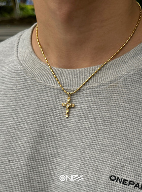 ONEPART不掉色复古十字锆石米珠链男女通用锁骨链钛钢项链
