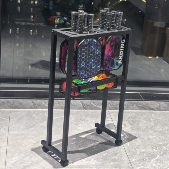 Floor-standing racket storage display rack for home use