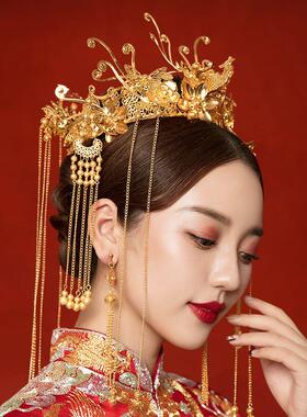 新娘头饰中式红色古风汉服秀禾服龙凤褂流苏发饰品新款凤冠旗袍女