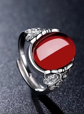 银色玛瑙绿玉髓送妈妈红宝石戒指