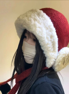 秋冬季红色羊羔绒毛线帽