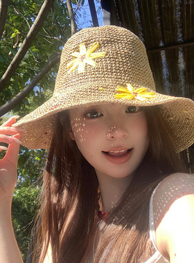 雏菊编织草帽镂空大帽檐遮阳防晒
