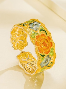 珐琅彩国色天香牡丹花丝戒指国风国潮指环开口送妈妈礼物