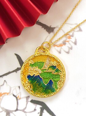 新中式国风千里江山圆牌吊坠挂坠锁骨坠毛衣链送朋友闺蜜