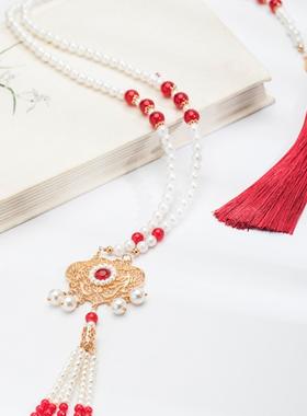 马面裙订婚配饰风长璎珞红色马面裙背云平安锁国风旗袍珍珠项链女