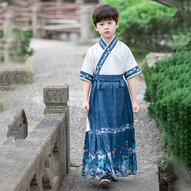 原创男童汉服演出服马面裙套装中国风短袖薄款儿童国学幼儿园毕业 - 图0