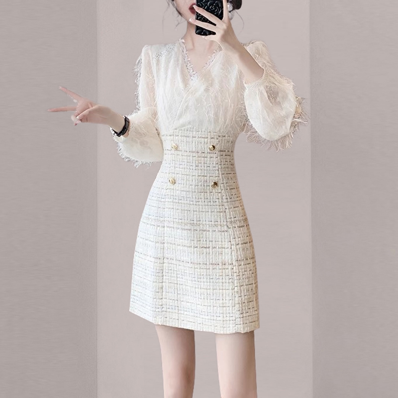 高级感法式名媛连衣裙2025秋季新款女装气质收腰粗花呢拼接蕾丝裙 - 图0