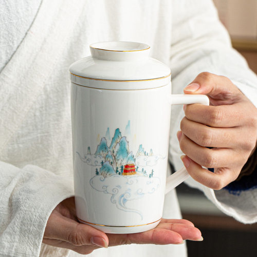 德化千里江山白瓷办公水杯带盖内胆过滤满心杯便携茶具logo - 图1