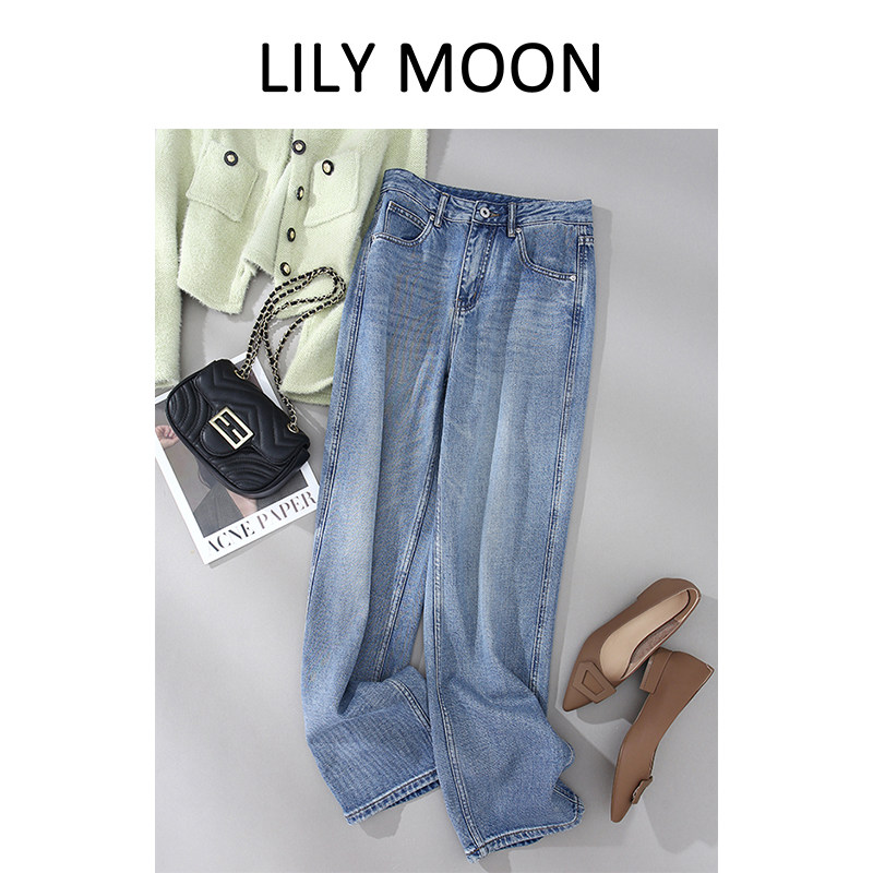 LILYMOON高腰汉麻牛仔阔腿裤