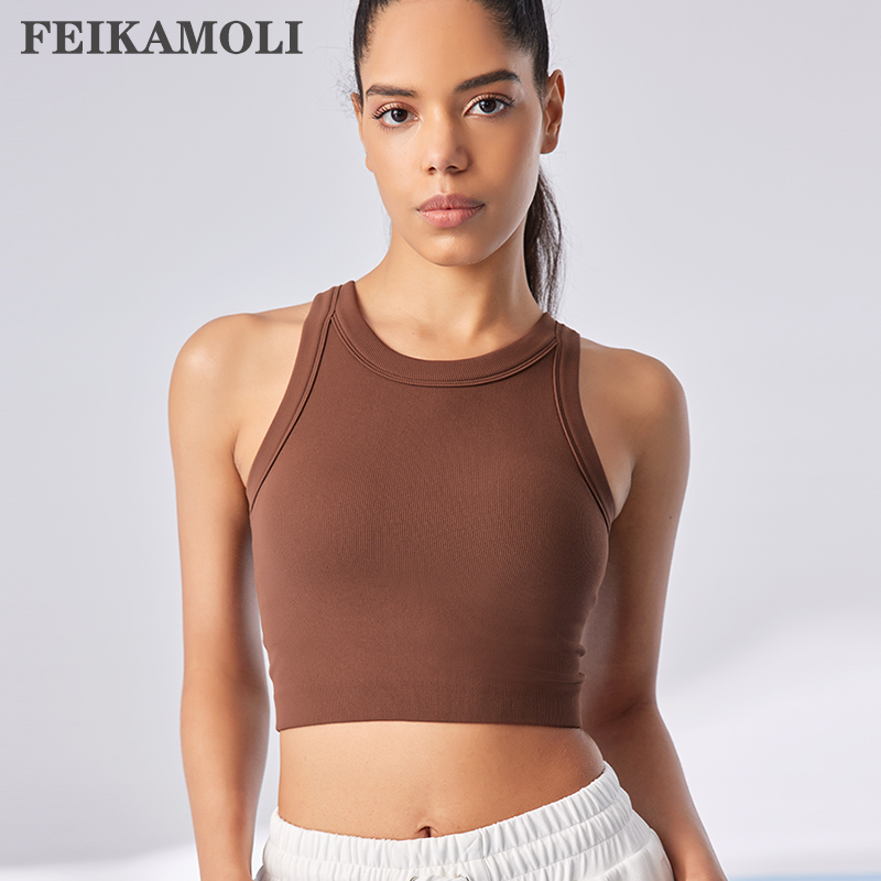 菲卡沫莉RIB固定杯一体细螺纹挖肩瑜伽普拉提外穿健身背心 - 图3