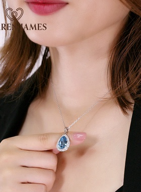 Warren James海蓝色吊坠项链女镶嵌施华洛水晶通勤百搭锁骨链新款