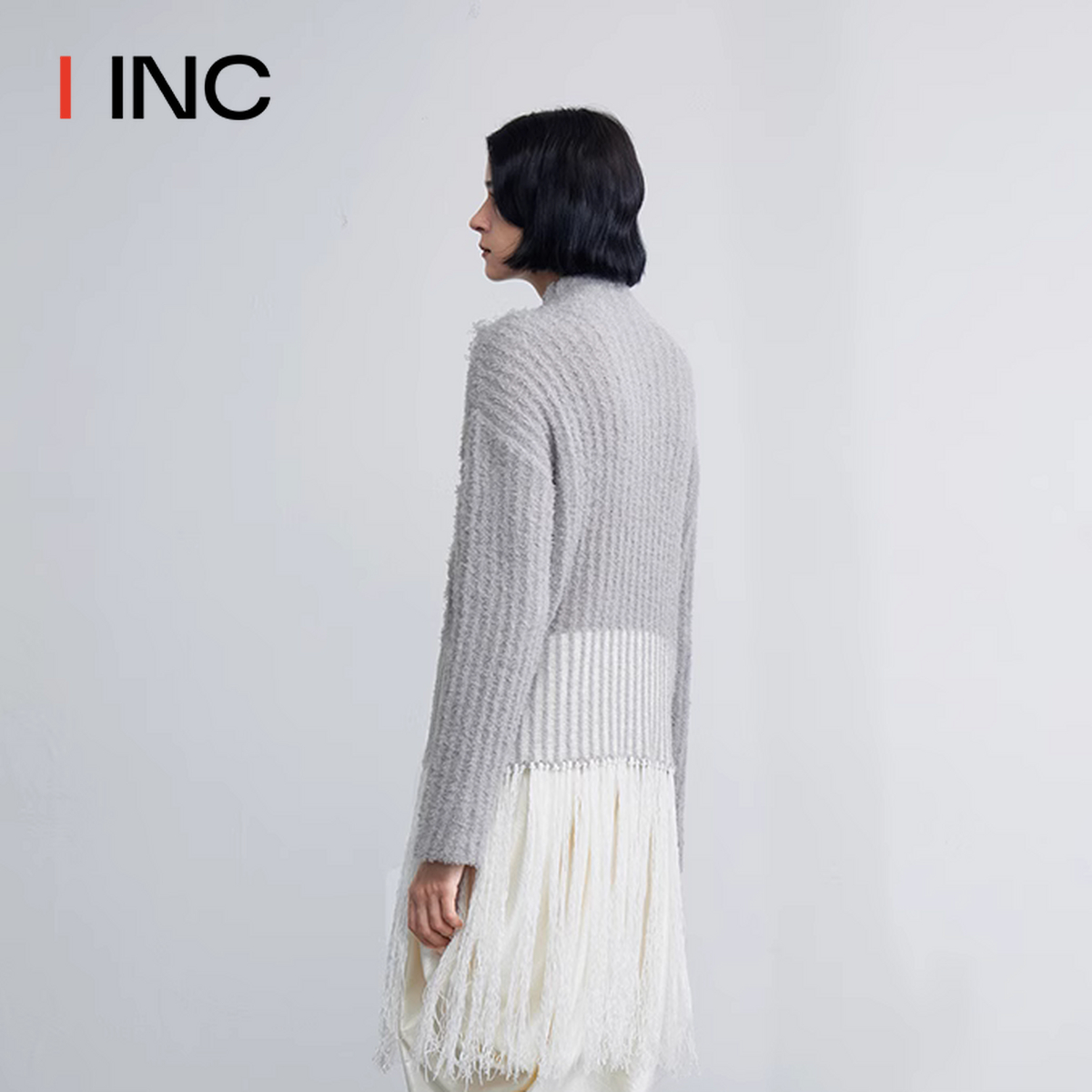 【TYNNJ 设计师品牌】IINC 23AW灰色流苏长袖毛衣短款上衣女