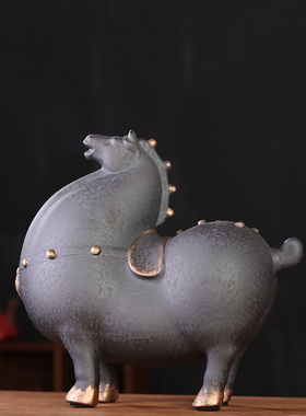 黑色站立描金唐马摆件新中式玄关