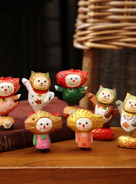 可爱卡通猫鱼头动物木雕彩绘摆件