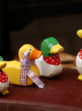 复古可爱小鸭子卡通木质木雕摆件