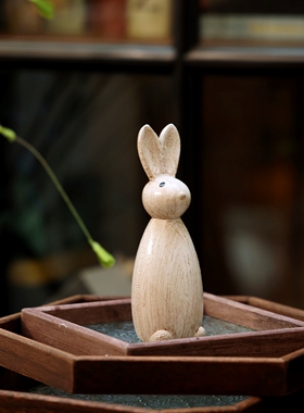 复古做旧手工可爱木雕兔子装饰