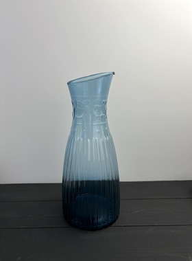 中古vintage手工蓝色原色料浮雕玻璃花瓶水升摆件