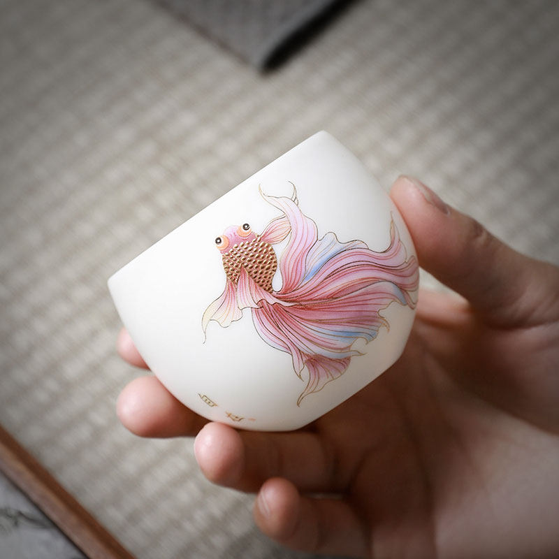 描金鱼丨羊脂玉白瓷主人杯轻奢高档单杯功夫陶瓷男女个人专用茶杯,淘宝优惠券,粉丝福利购,淘宝优惠卷
