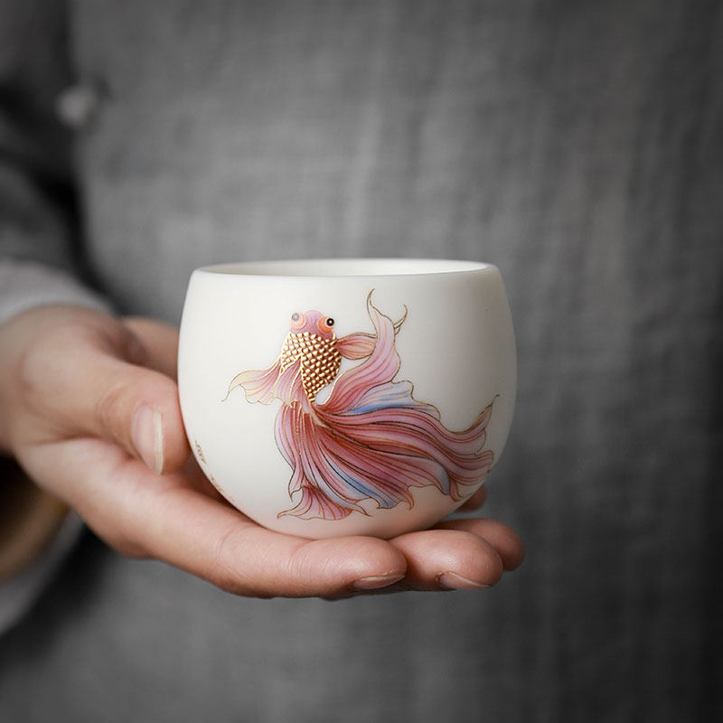 描金鱼丨羊脂玉白瓷主人杯轻奢高档单杯功夫陶瓷男女个人专用茶杯,淘宝优惠券,粉丝福利购,淘宝优惠卷