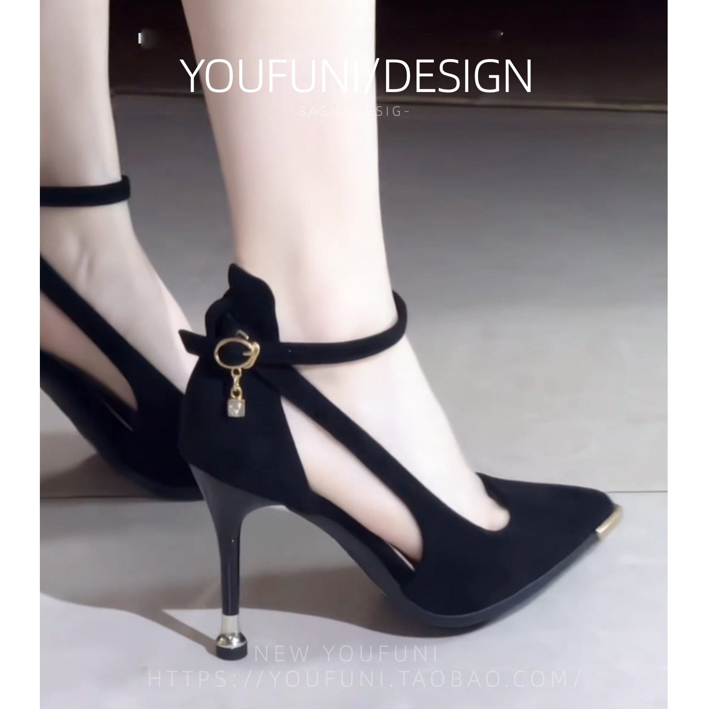 真皮设计感侧空绒面包头凉鞋女夏外穿尖头镂空细带包跟高跟单鞋女,淘宝优惠券,粉丝福利购,淘宝优惠卷