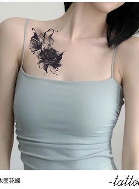3张水墨花蝶肆象草本纹身贴女款锁骨水墨花蝶半永久防水持久逼真
