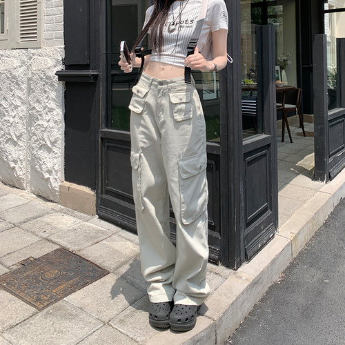 RJVO美式复古街头多口袋工装牛仔裤宽松高腰直筒阔腿显瘦休闲长裤 - 图1