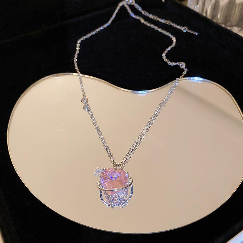 Fashion Pink Planet Heart Zircon Necklace Women Charm Aesthe - 图2