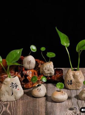 禅意石头装饰客厅茶桌茶宠摆件水培花盆器皿创意绿萝小花器粗陶瓷