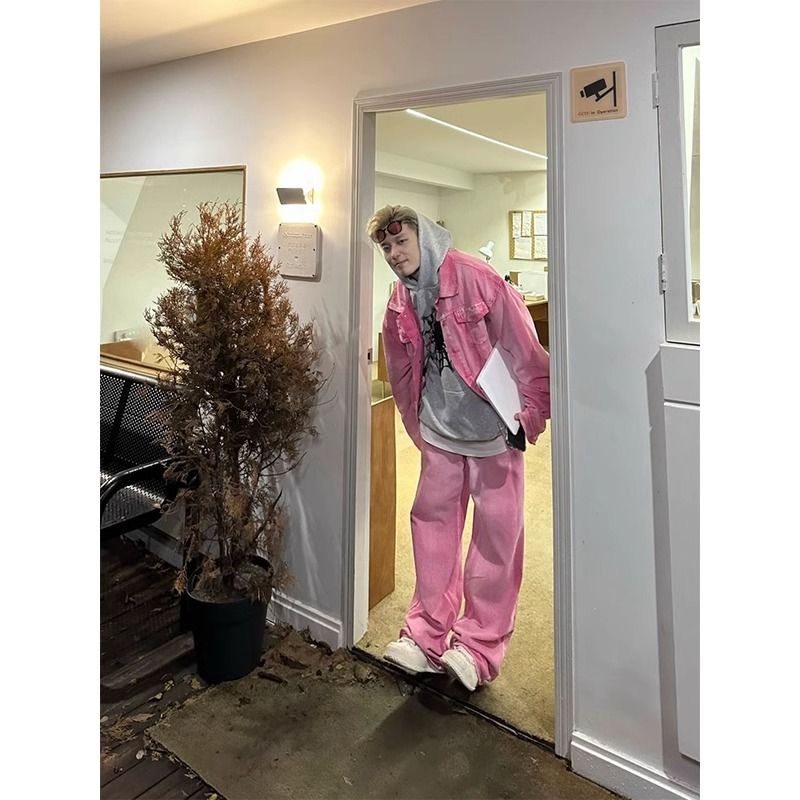 【两件装】春秋季男装整套美式复古做旧粉红色牛仔衣夹克外套裤子,淘宝优惠券,粉丝福利购,淘宝优惠卷