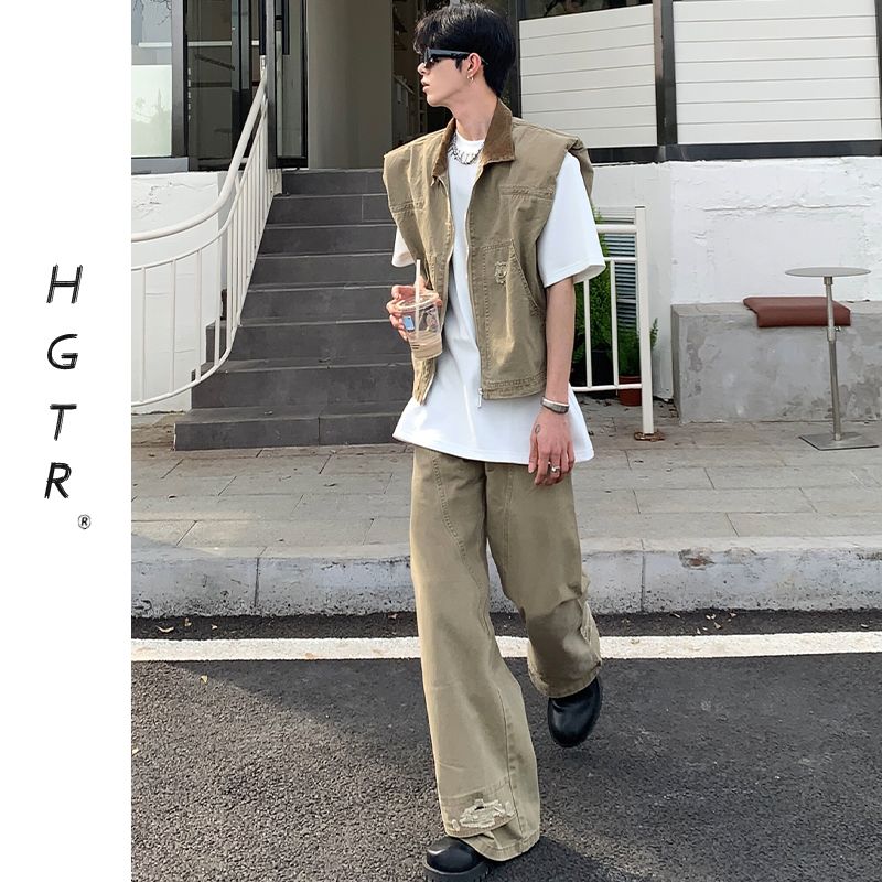 【两件装】无袖坎肩廓形牛仔马甲外套+高街破洞阔腿宽松牛仔裤男 - 图2