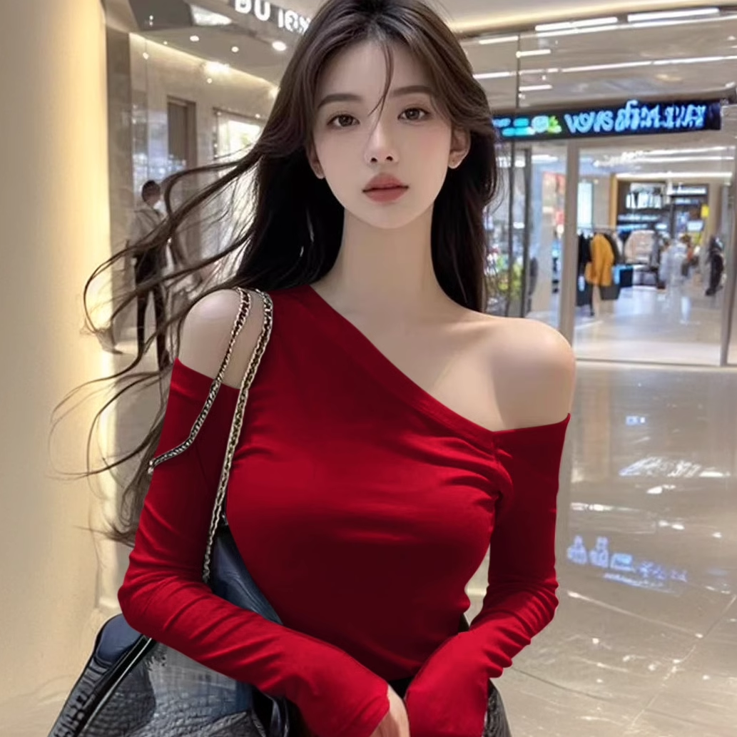 黑色修身斜肩长袖T恤女露肩上衣设计感小众不规则百搭新款打底衫,淘宝优惠券,粉丝福利购,淘宝优惠卷