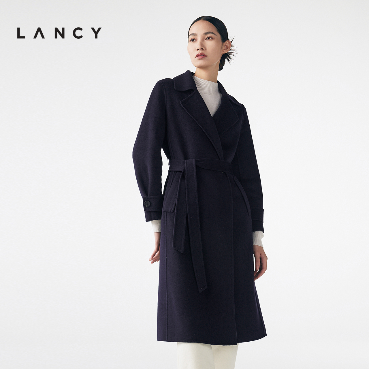 LANCY/朗姿羊毛桑蚕丝大衣冬季新款宽松中长款毛呢外套女收腰通勤