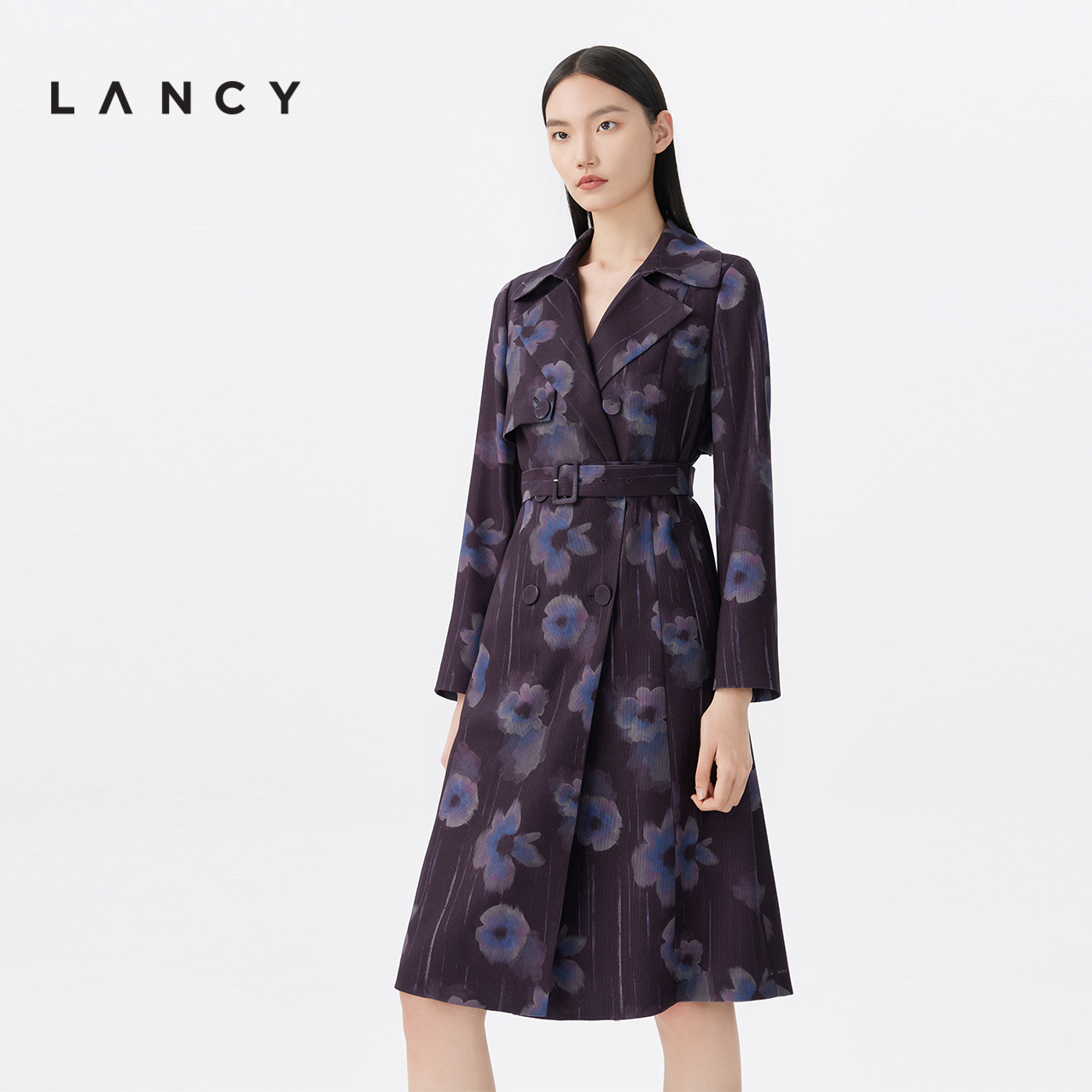 LANCY/朗姿2023年春季新款中长款翻领收腰显瘦高端风衣外套女