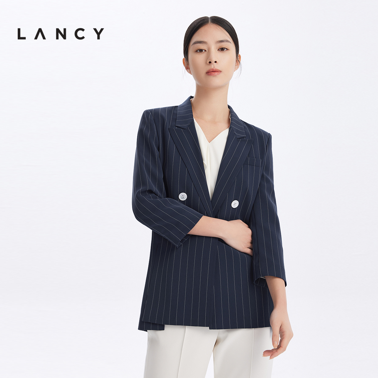 LANCY/朗姿女装2023夏季新款西装短外套女收腰显瘦条纹高级感上衣