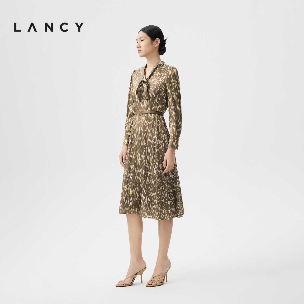 LANCY/朗姿春夏新款真丝印花飘带法式长袖连衣裙女高级感收腰裙子-图0