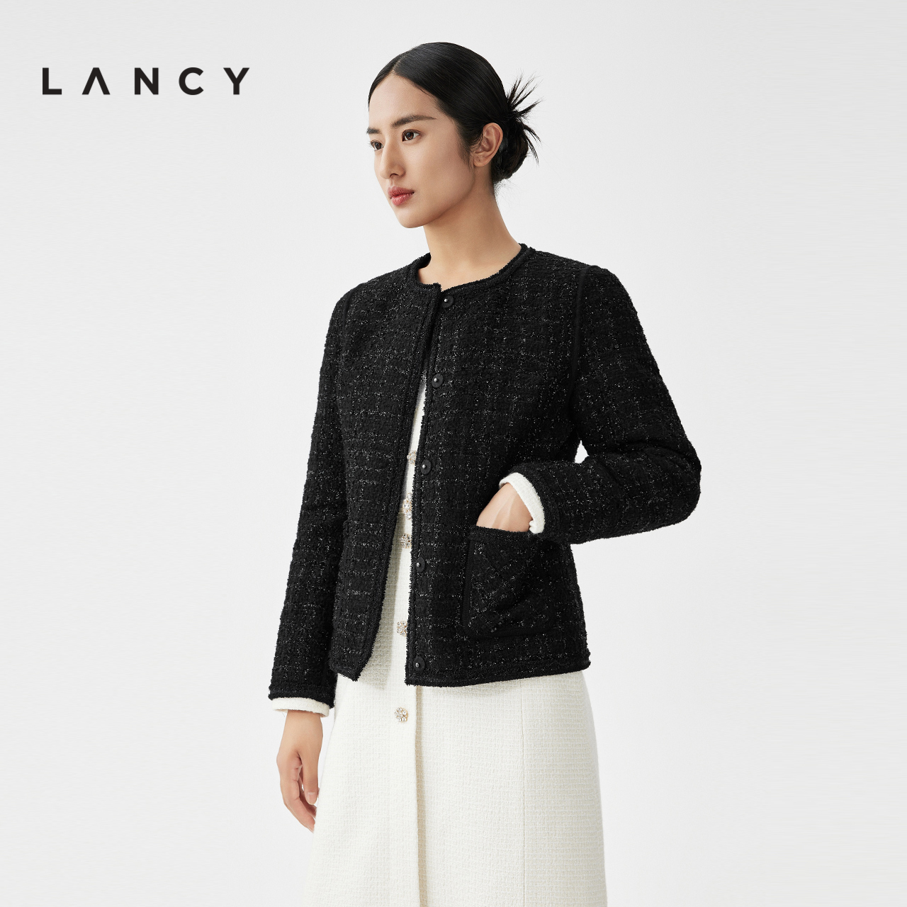 LANCY/朗姿2023冬季新款短外套水貂毛皮女士皮草圆领宽松羊毛上衣