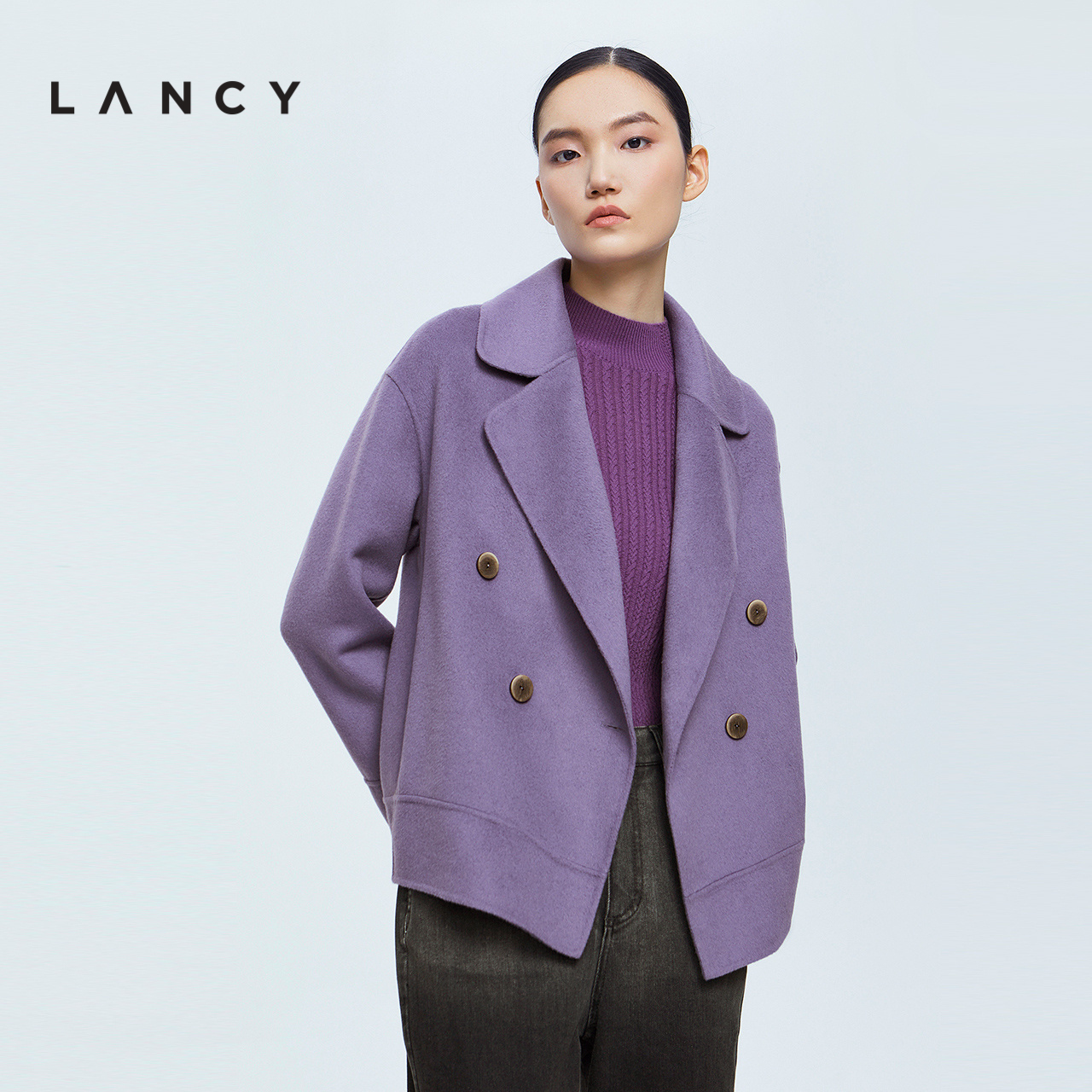 LANCY/朗姿2022冬季新款羊毛外套女翻领宽松高级感通勤女士上衣