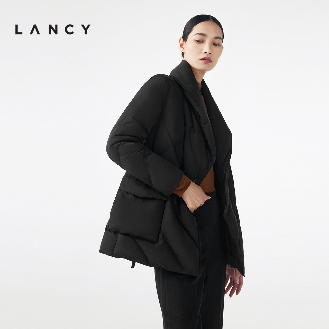 LANCY/朗姿冬季新款女士鹅绒服收腰短款羽绒服高级感复古小众外套