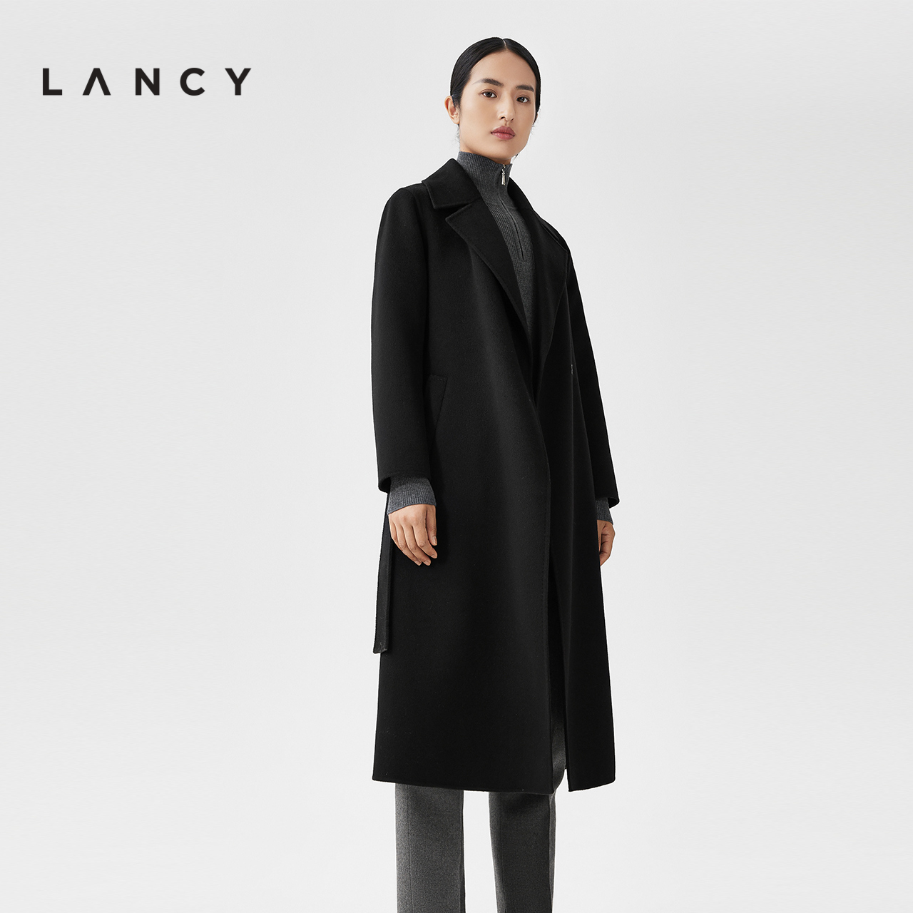 LANCY/朗姿2023秋冬新款中长款黑色羊绒大衣收腰毛呢外套女高级感