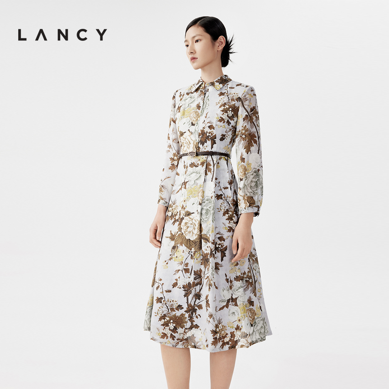 LANCY/朗姿2023秋冬新款印花桑蚕丝连衣裙女中长款收腰气质中国风