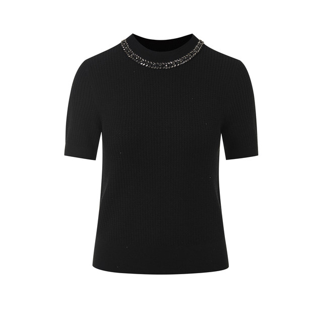 Langzi 2025 spring new style French style short-sleeved sweater bright diamond black round neck T-shirt top for women