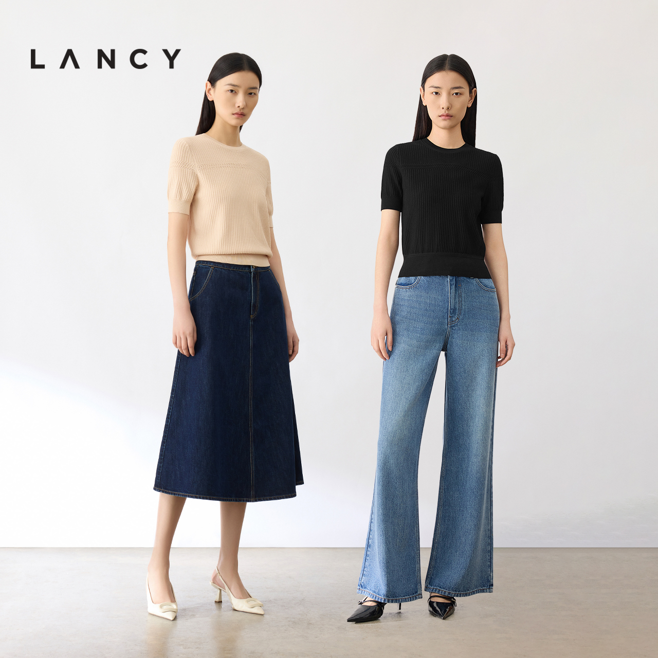 LANCY/朗姿2024夏季新款圆领短袖针织衫收腰显瘦百搭打底t恤女