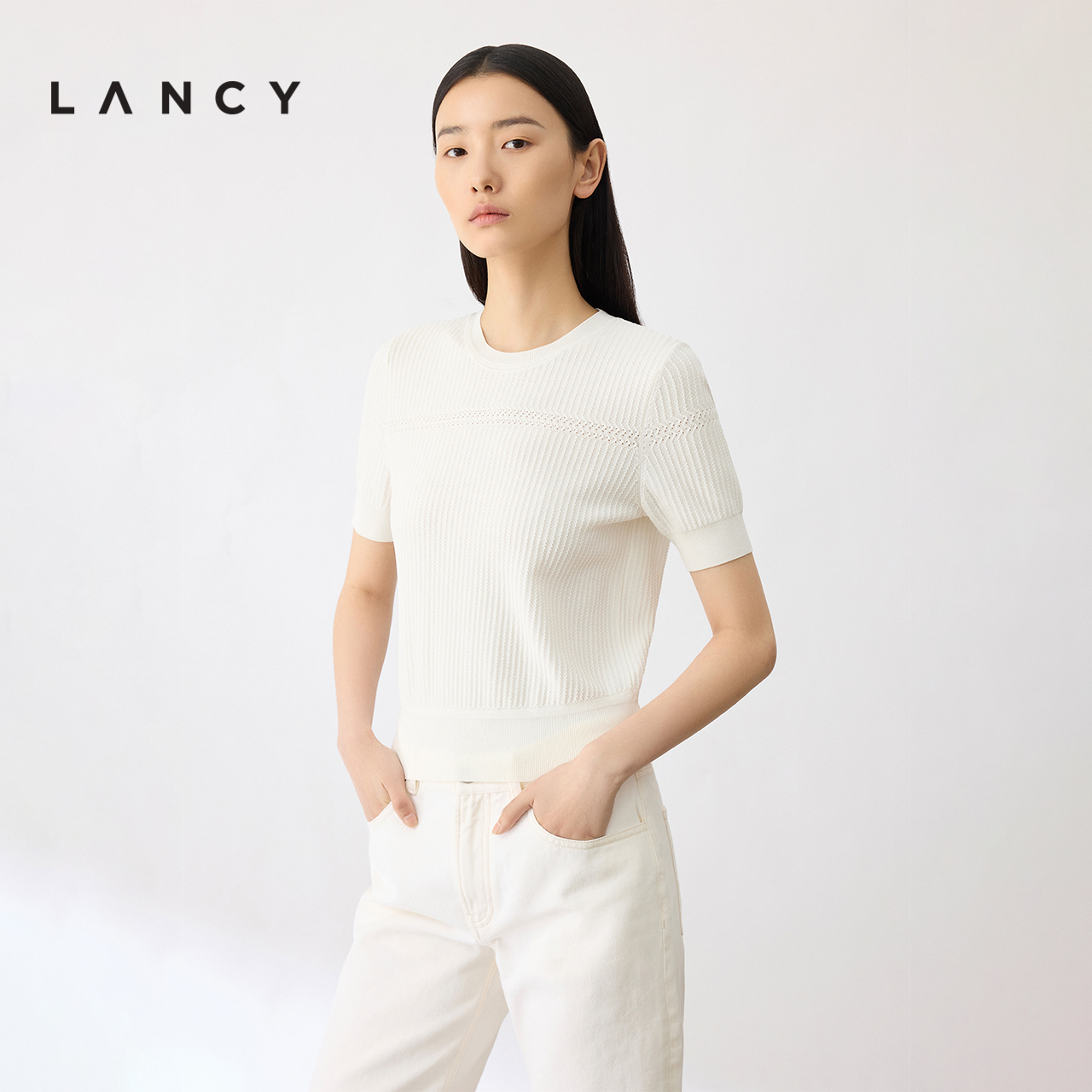 LANCY/朗姿2024夏季新款圆领短袖针织衫收腰显瘦百搭打底t恤女