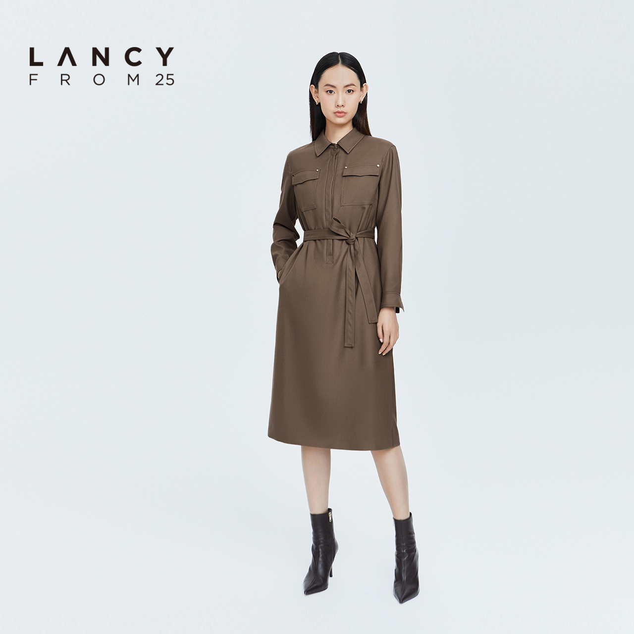 LANCY/朗姿秋冬衬衫连衣裙法式简约气质高级感长袖收腰通勤裙子女