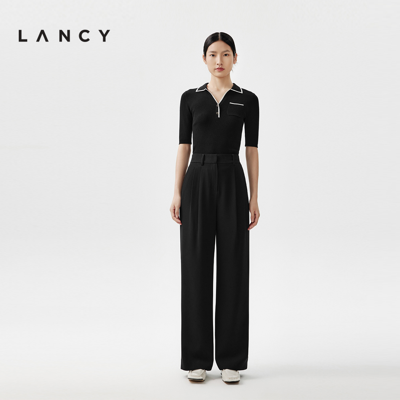 LANCY/朗姿2024春季新款黑色醋酸直筒阔腿裤显瘦垂感西装裤女通勤