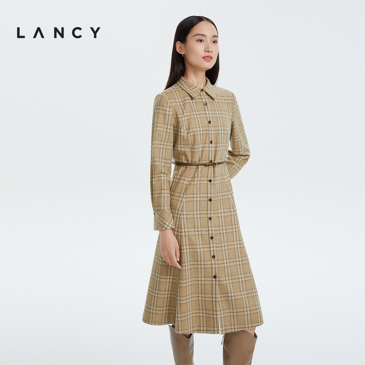 LANCY/朗姿羊毛2022冬季新款格纹衬衫连衣裙子女中长款通勤女裙子