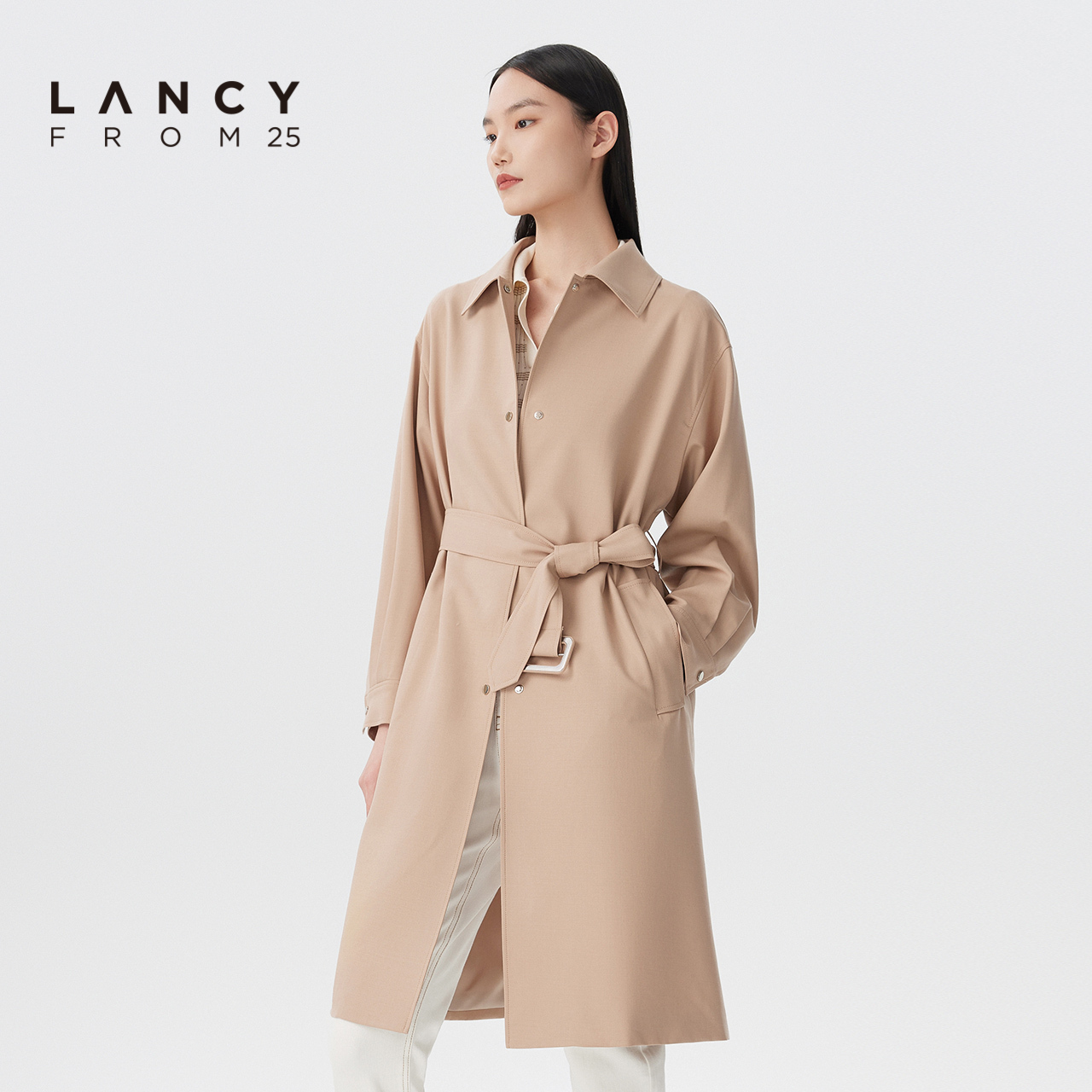 LANCY/悦朗姿2023春季新款风衣外套女衬衫领收腰羊毛显瘦薄款大衣