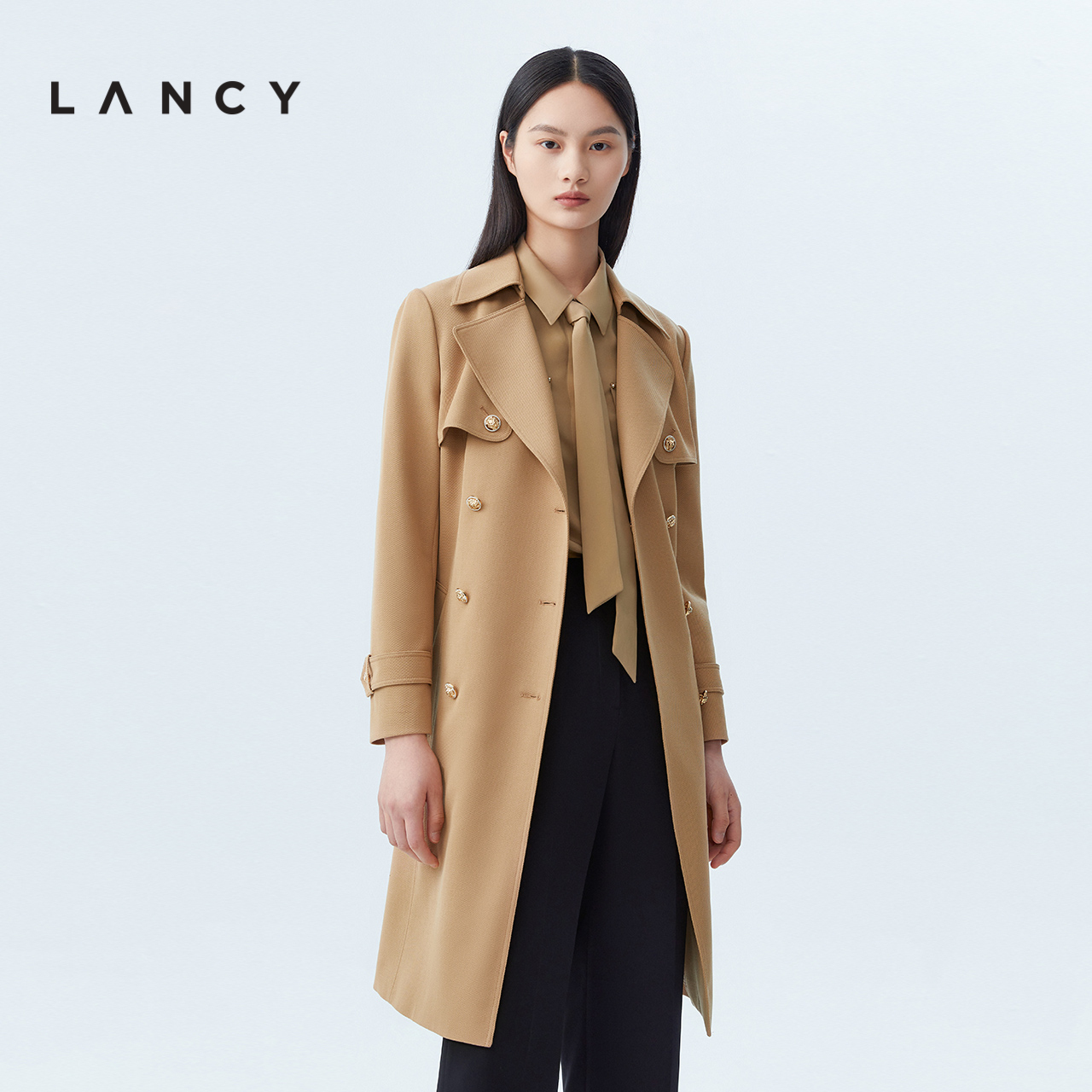 LANCY/朗姿风衣女款2023新款秋季绵羊毛气质女外套中长款大衣