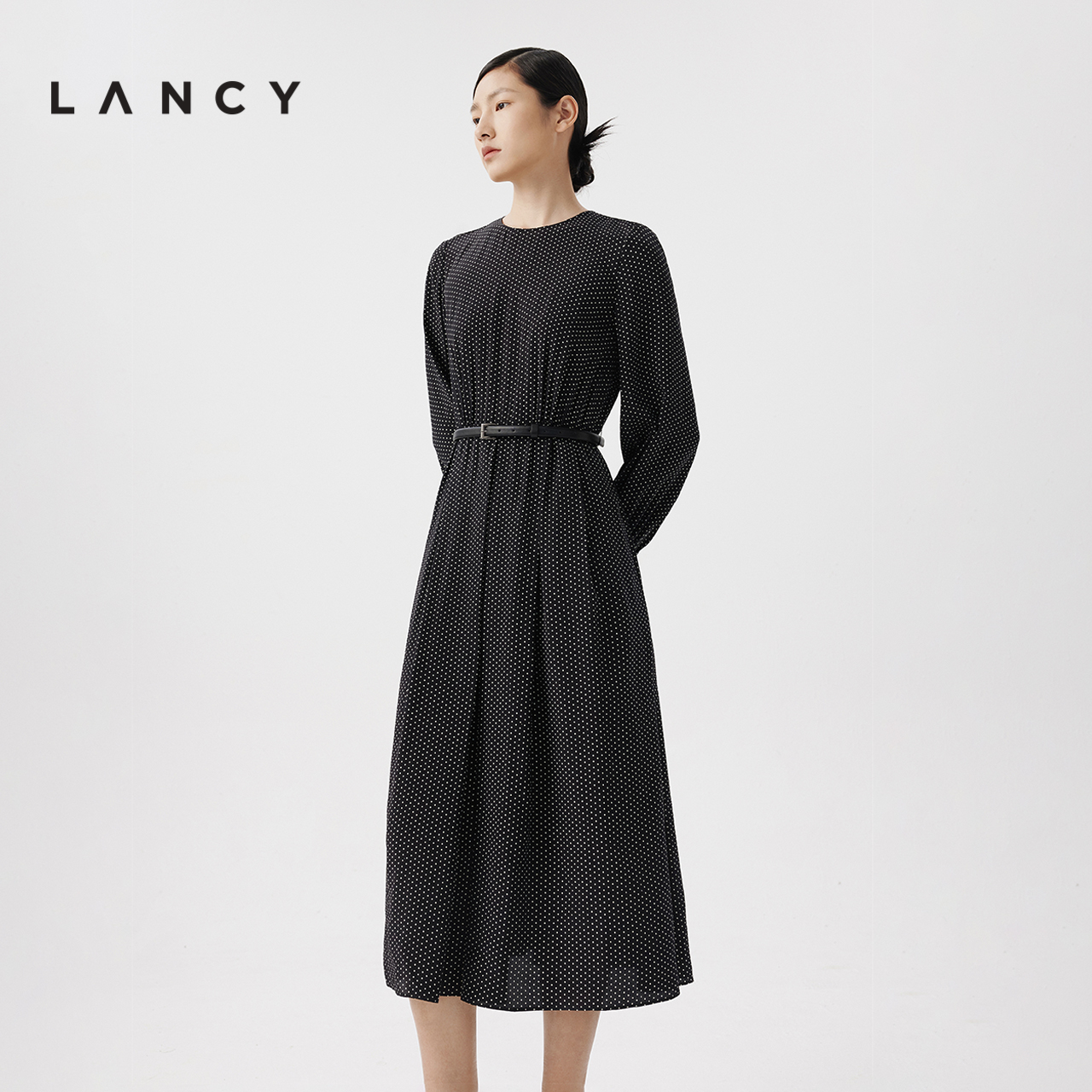 LANCY/朗姿2024春季新款真丝波点连衣裙女法式长袖圆领优雅裙子-图1